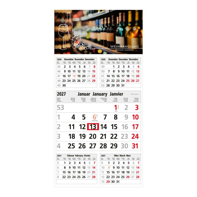 Werbemittel 5-Monatskalender Commerce 5 Post A mit Logodruck – 300x600 mm – Hellgrau – praktischer Wandkalender für Büro und Geschäftsräume