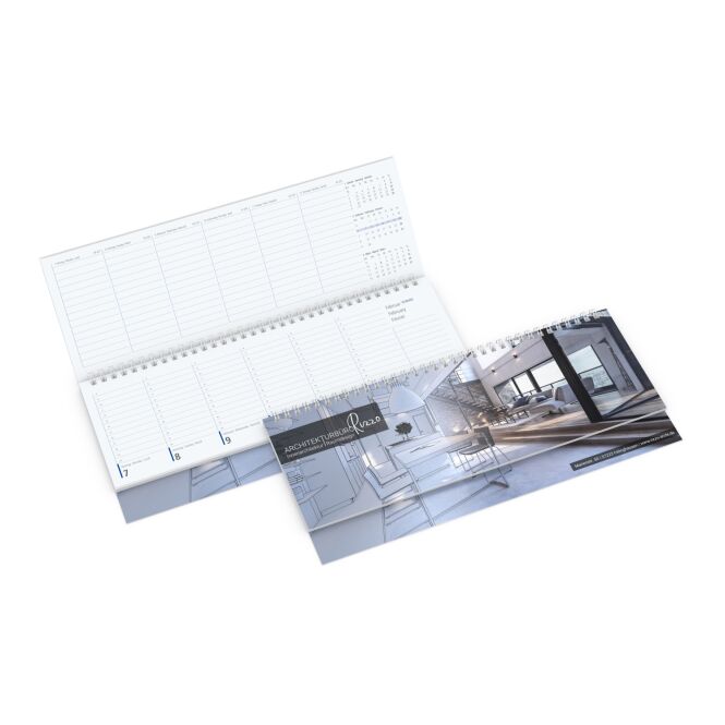 Werbeartikel Tischkalender Compact 2027 – schwarz – mit Werbedruck 304 x 135 mm, Wire-O-Bindung, praktischer Aufstellkalender