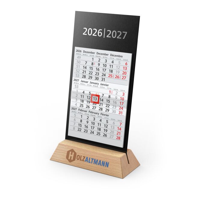 Werbeartikel Tischkalender Desktop 3 mit Logodruck – 125x215 mm – Hellgrau – hochwertiger Zeitplaner aus Holz für das Büro