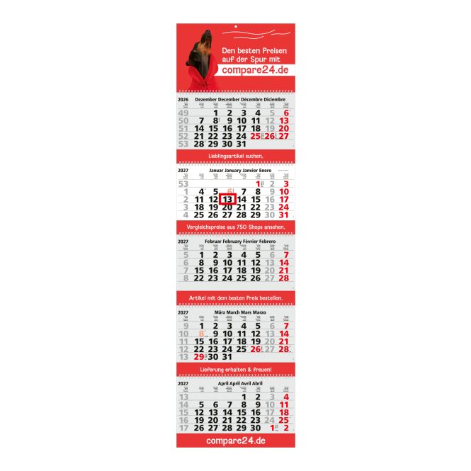 Werbeartikel 5-Monatskalender Grande Wire-O 5 mit Logodruck – Hellgrau – 335x1195 mm Wandplaner für Büro und Firmenplanung