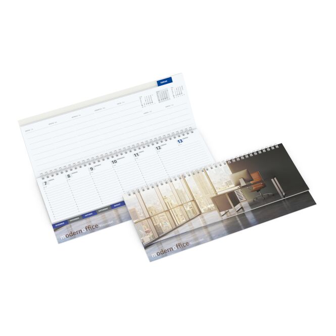 Werbeartikel Tischkalender Master 2027 – weiß – mit Logo bedruckt 310x135mm Wire-O-Bindung als nützlicher Büro-Planer