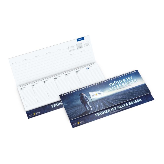 Werbeartikel Tischkalender Master 2027 – weiß – mit Werbedruck 310x135mm Wire-O-Bindung Stundeneinteilung für die Büro-Ausstattung