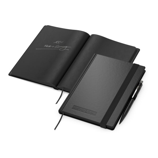 Werbeartikel Notizbuch Night-Book A5 mit Logoprägung – Schwarz – exklusives Business-Notizbuch für Büro und Konferenzen