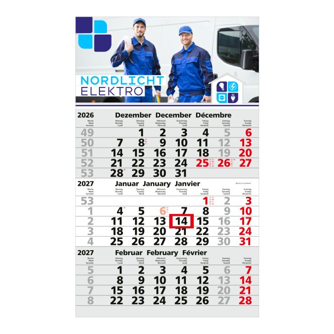 Werbeartikel Wandkalender Solid 3 2027 – hellgrau – mit Werbedruck 300 × 490 mm 3-Monats-Ansicht als Büro-Ausstattung
