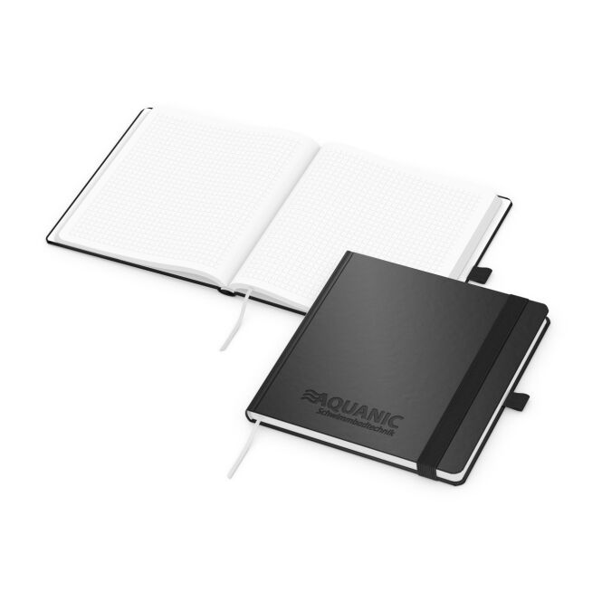 Kundengeschenk Notizbuch Square-Book – schwarz – mit Logo geprägt 170 × 170 mm für Meetings & Konferenzen