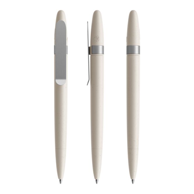 Firmengeschenk Kugelschreiber Prodir DS5 Shell – beige-silber – mit Lasergravur 30% Muschelkalk 50% recyceltes Plastik nachhaltiges Schreibgerät