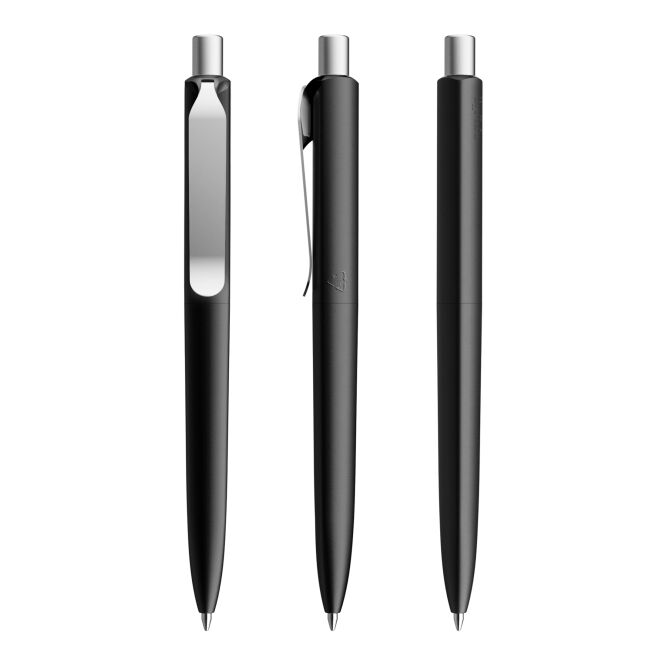 Firmengeschenk Druckkugelschreiber Prodir DS8 – schwarz-silber – mit Logo bedruckt schwarz schreibend für den Büroalltag