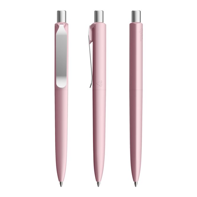 Werbeartikel Prodir DS8 Druckkugelschreiber – rosa-silber – mit Logo bedruckt blau schreibend für die Büroausstattung
