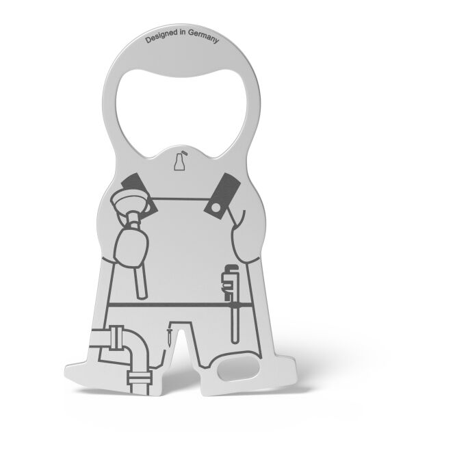 Werbeartikel Einkaufswagenlöser Karl Plumber mit Gravur – Silber – multifunktionales Metall-Tool für Unternehmen