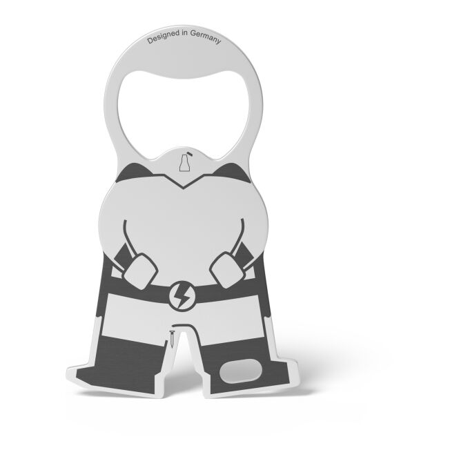 Werbeartikel Einkaufswagenlöser Karl Hero mit Gravur – Silber – multifunktionales Tool aus Edelstahl für Messen und Firmen