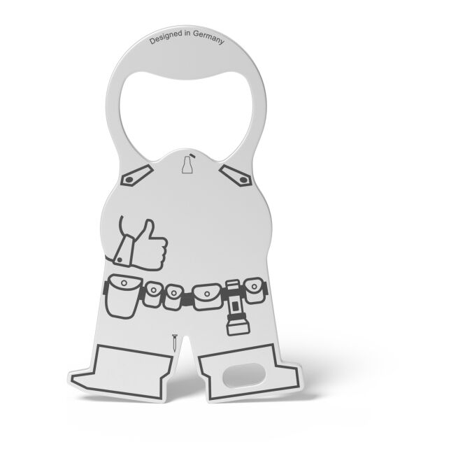 Werbeartikel Einkaufswagenlöser Karl Security mit Lasergravur – Silber – multifunktionales Tool aus Edelstahl für Firmen und Messen