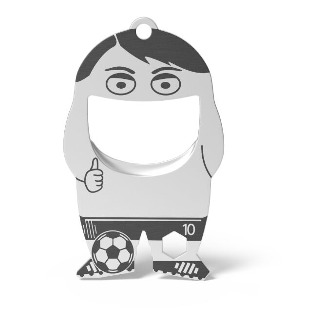 Werbeartikel Flaschenöffner Fred Soccer mit Gravur – Silber – nützlicher Multifunktionshelfer für Kunden und Messen