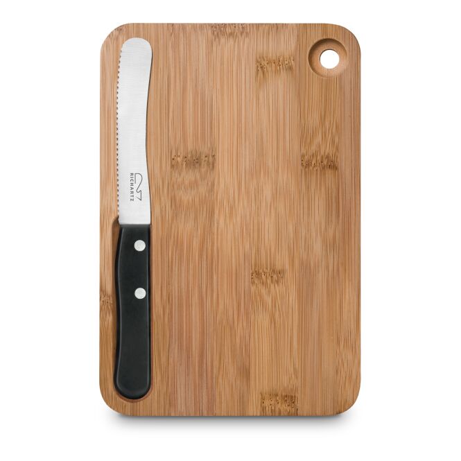 Kundengeschenk Frühstück Cut and Eat mit Gravur – Silber – hochwertiges Küchenmesser mit Bambusbrett für Firmen und Mitarbeiter