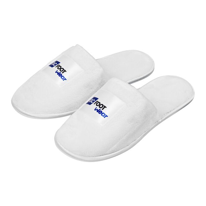 Mitarbeitergeschenk Hausschuhe Aura mit Logodruck – Weiß – Größe L aus Fleece Polyester rutschfeste Hotelslipper für Firmen und Spa