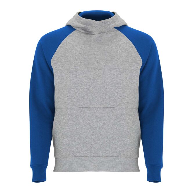 Teamkleidung Badet zweifarbiger Hoodie – heather grau-royalblau – mit Logo bedruckt 48h Express-Druck Gr. 5/6