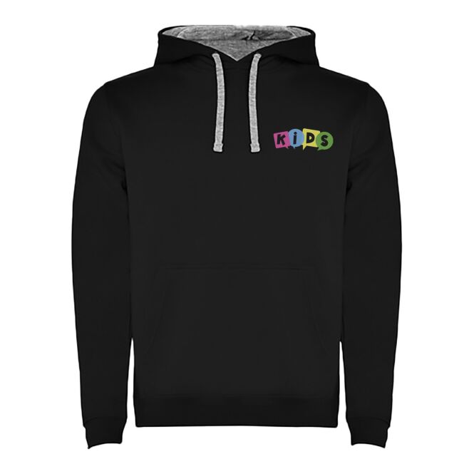 Werbeartikel Urban Hoodie – schwarz-marl grey – mit Logo bedruckt 48h Express-Druck Gr. 7/8
