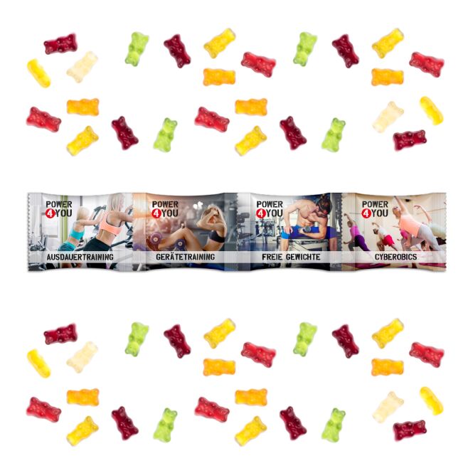 Streuartikel Gummibärchen 4er Kettenbeutel – transparent – mit Logo bedruckt 20g für Messen und Events an potenzielle Kunden verteilen
