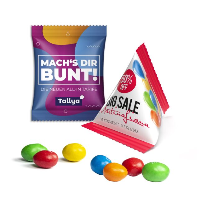 Werbeartikel M&M's Peanuts Mini Tetraeder – weiß – mit Logo bedruckt 10g für Messen und Events zur Kundenbindung für Geschäftspartner