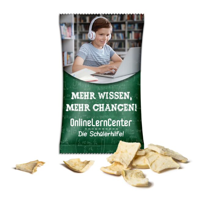 Streuartikel Apfelchips – weiß – mit Logo bedruckt als hochwertiges Werbemittel für Messen und Events für potenzielle Neukunden und Partner