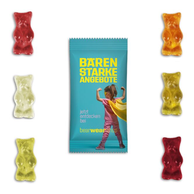Streuartikel BigBär Gummibärchen im Flowpack – fruchtgummi – mit Logo bedruckt 20% Fruchtsaft für Messen und Events an potenzielle Kunden