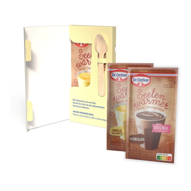 Werbeartikel Dr. Oetker Tassenpudding in Faltkartonage – vanille oder schokolade – mit bedrucktem Etikett als Werbemittel für Messe und Event