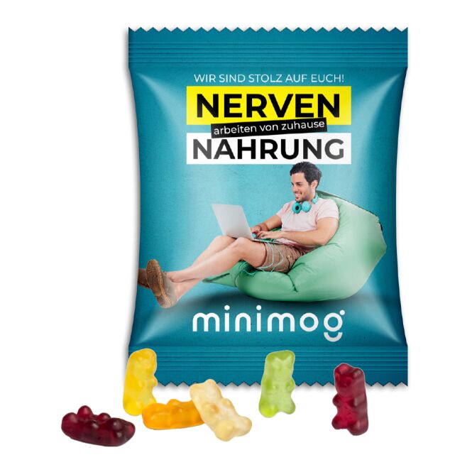 Werbeartikel Gummibärchen im Werbetütchen – transparent – mit Logo bedruckt 10g als Streuartikel für Messen und Events an potenzielle Kunden