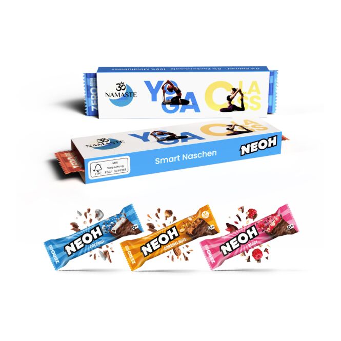 Werbeartikel NEOH Schokoriegel im Werbeschuber – caramel nuts – mit bedrucktem Etikett zur Verteilung als Give-away für Kunden und Mitarbeiter