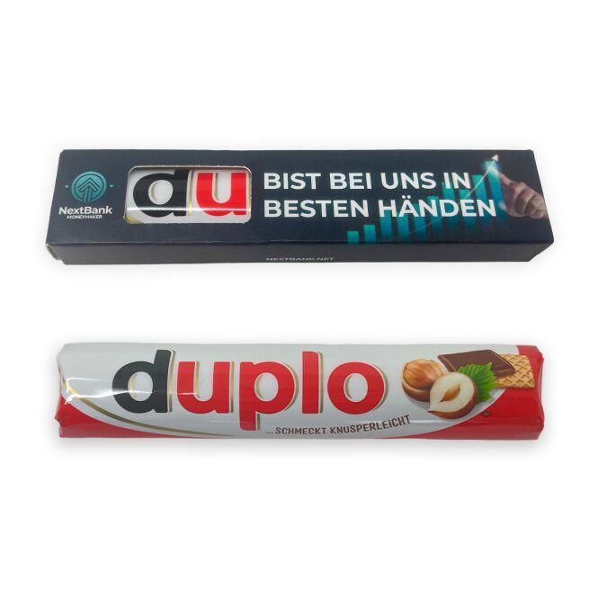Premium-Werbeartikel Duplo Riegel im Werbeschuber – schokolade – mit individueller Banderole 18,2g als Firmengeschenk für Partner und Kunden