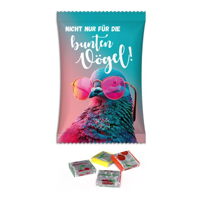 Streuartikel Fruchtkaramellen – fruchtige kaubonbons – mit bedrucktem Etikett 50 g als werbewirksames giveaway für messen und events