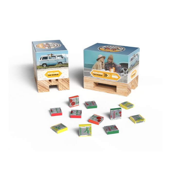 Streuartikel Fruchtkaramellen Geschenk Mini-Palette – fruchtig – mit individuellem Etikett für Transportbranche als Werbemittel auf Messen