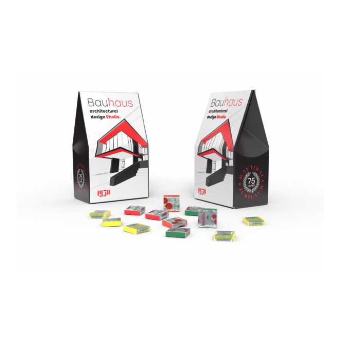 Streuartikel Fruchtkaramellen Mini Standbodenkartonage – fruchtig – mit individuellem Etikett 50 g als Werbemittel für Messen und Events