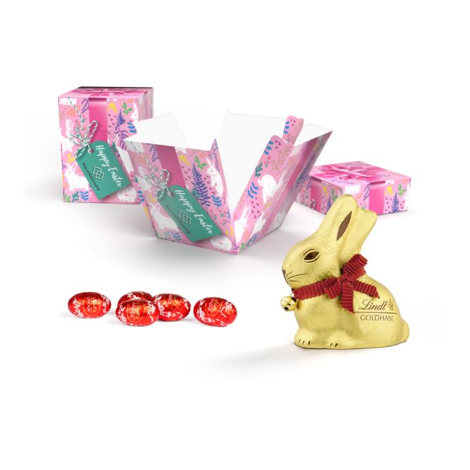 Oster-Werbeartikel Lindt Oster-Überraschung – ostern – mit individuellem Etikett 120g als süßes Oster-Werbegeschenk für Kunden und Partner