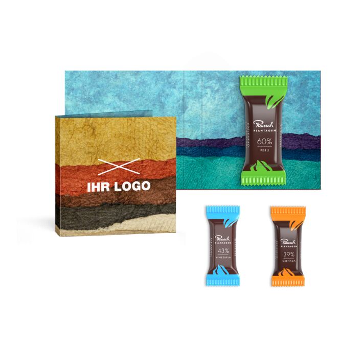 Premium-Werbeartikel Rausch Plantagen Minis in Klappkarte – schokoladig – mit individueller Banderole als Firmengeschenk für Geschäftspartner