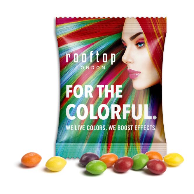 Werbeartikel Skittles Kaubonbons – transparent – mit Logo bedruckt als Streuartikel für Messen und Events an potenzielle Kunden