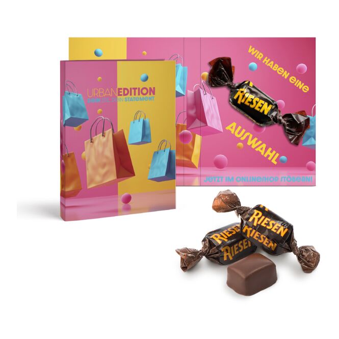 Werbeartikel Storck Riesen in Werbeklappkarte – schokokaramell – mit individuellem Logo bedruckt für Mitarbeiter als Firmengeschenk