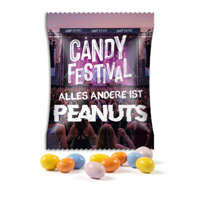 Streuartikel Treets Peanuts Werbetütchen – transparent – mit individueller Banderole 15g für Messen und Events für Kunden und Mitarbeiter