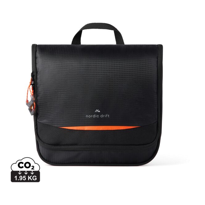 Mitarbeitergeschenk Kosmetiktasche Nordic Drift Trail mit Logodruck – schwarz-orange – 21x8x22 cm Kulturbeutel für Geschäftsreisen