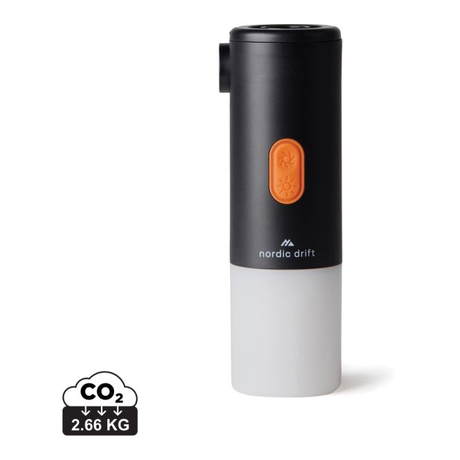 Mitarbeitergeschenk Nordic Drift Titan 2-in-1-Luftpumpe mit Logodruck – Schwarz – multifunktionales Outdoor-Gadget für Camping und Firmen