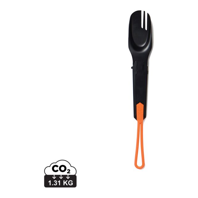 Werbeartikel Nordic Drift Trail 4-in-1 Outdoor-Besteck mit Gravur – Schwarz – robustes Esswerkzeug für Camping und Outdoor-Einsätze