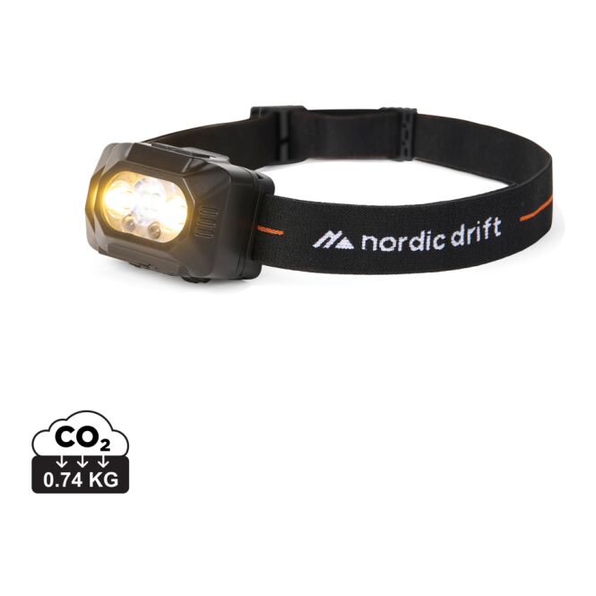 Mitarbeitergeschenk Nordic Drift Everest Stirnlampe mit Logodruck – Schwarz – 1000 Lumen Leuchtkraft für Outdoor und Arbeitseinsätze