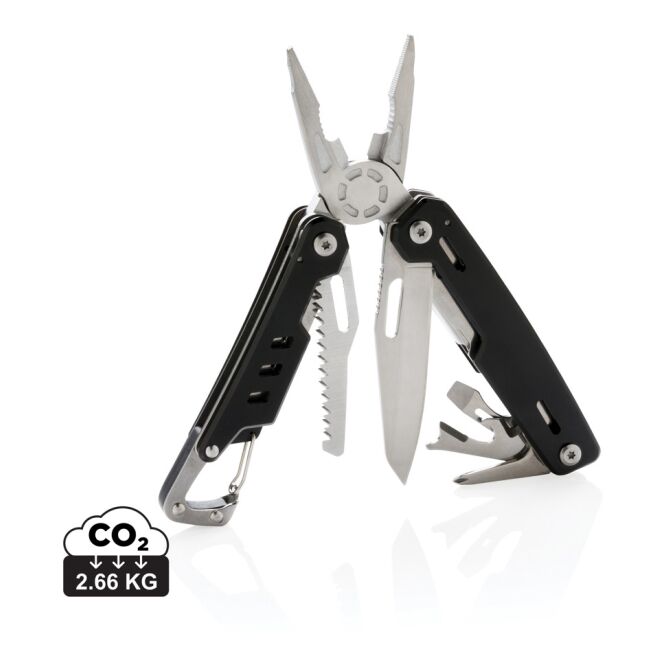 Werbeartikel Solid Multitool mit 11 Funktionen und Gravur – Schwarz – nützliches B2B-Präsent für Handwerk und Büro