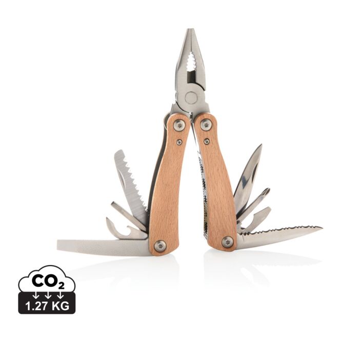 Werbeartikel Multitool mit Buchengriff mit Gravur – braun – hochwertiges Werkzeugset für Firmen und Handwerk
