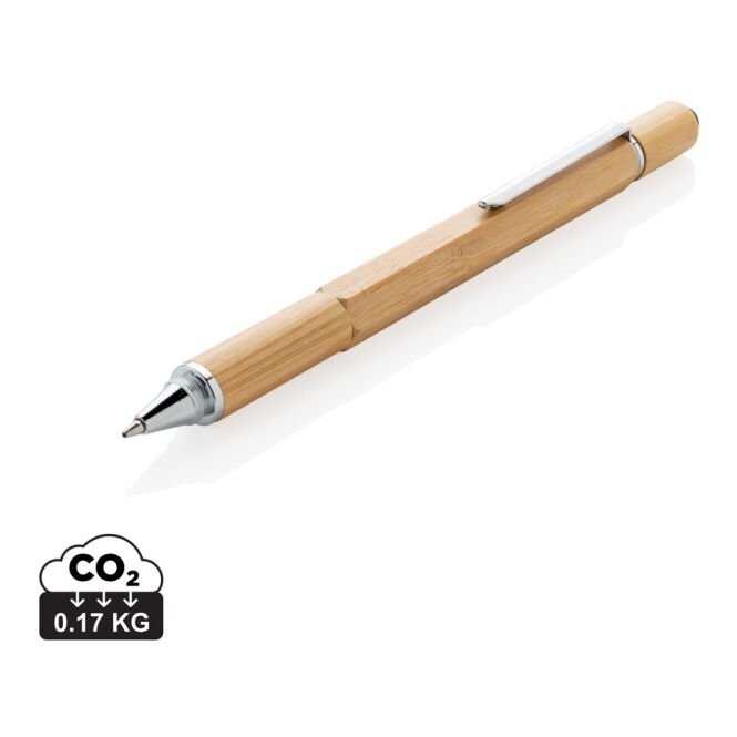 Werbegeschenk 5-in-1 Bambus Tool-Stift – braun – mit Logo bedruckt, nachhaltig, blau schreibend, mit Stylus-Spitze für den Büroalltag