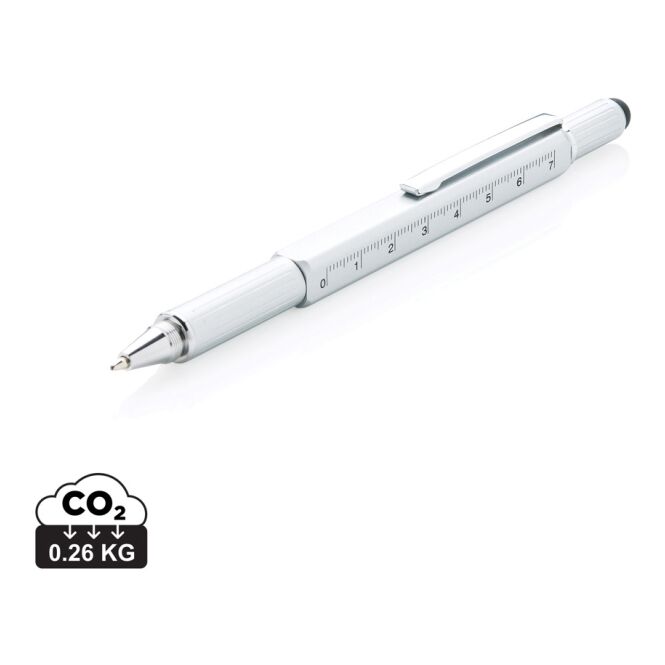 Werbeartikel 5-in-1 Tool-Stift – grau – mit Logo bedruckt, 7cm Skalierung, Wasserwaage, Schraubendreher, Stylus-Spitze für Montage