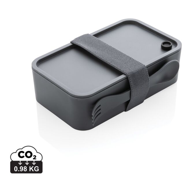 Firmengeschenk Lunchbox – grau – mit Logo bedruckt, 1,2 Liter Fassungsvermögen, aus PP inklusive Göffel und Verschlussband
