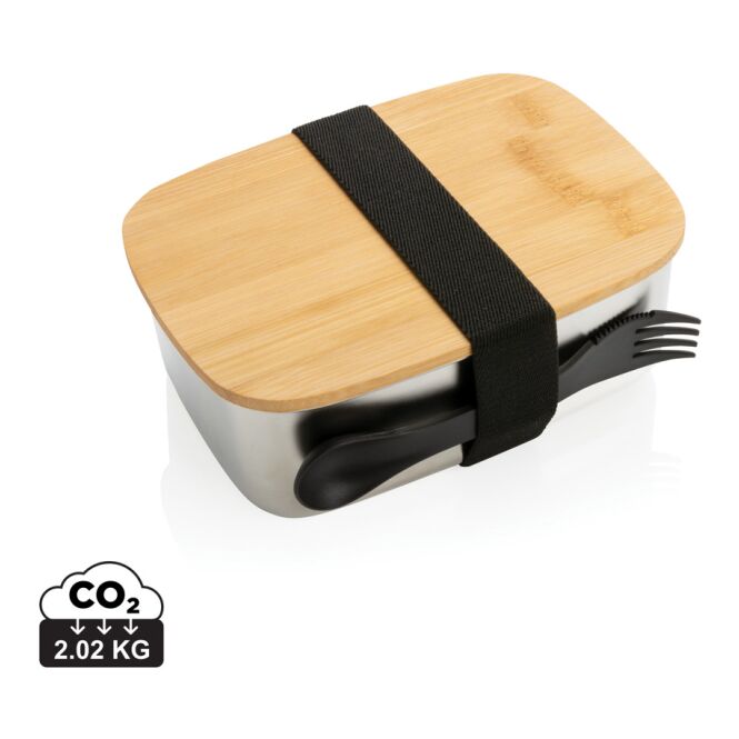 Firmengeschenk Edelstahl-Lunchbox mit Bambus-Deckel und Gravur – Silber – nachhaltiger Essensbehälter für Mitarbeiter und Büros