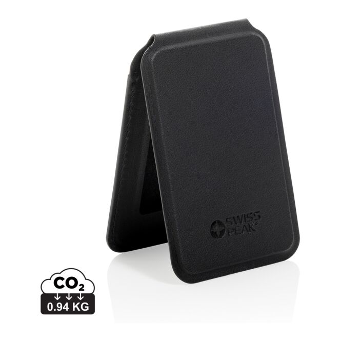 Werbeartikel Magstand magnetische Handytasche mit Logodruck – aus recyceltem PU – Schwarz – praktisches Smartphone Zubehör für Firmen