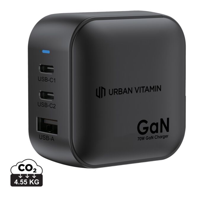 Premium-Werbegeschenk 70W GAN-Ladegerät mit Logodruck – Schwarz – kompakter USB-C Netzadapter für Business und Büro