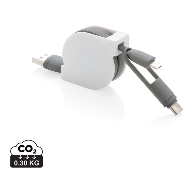 Werbeartikel 3-in-1 Ladekabel – grau – mit Logo bedruckt 100cm ausziehbar USB-C für Büroalltag und Technik-Messen