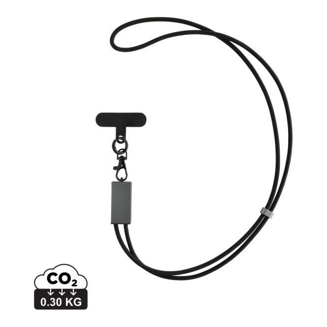 Werbeartikel Terra duales Ladekabel mit Logodruck – Grau-Schwarz – recyceltes Lanyard mit Ladefunktion für Firmen